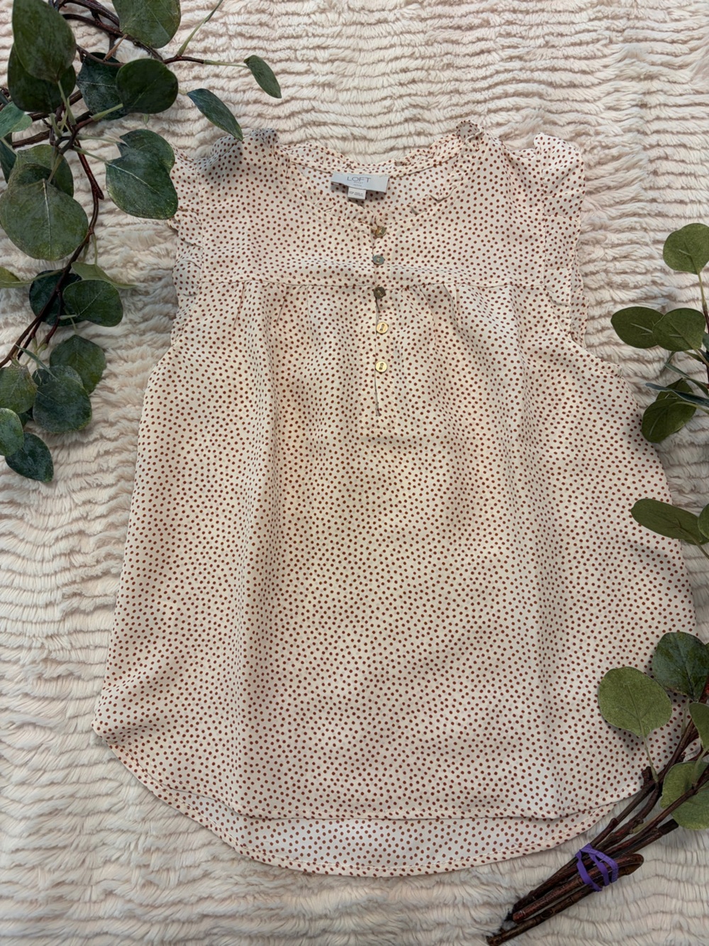 LOFT Cream Tank Blouse with Brown Polka Dots and ruffle  XS petite like new